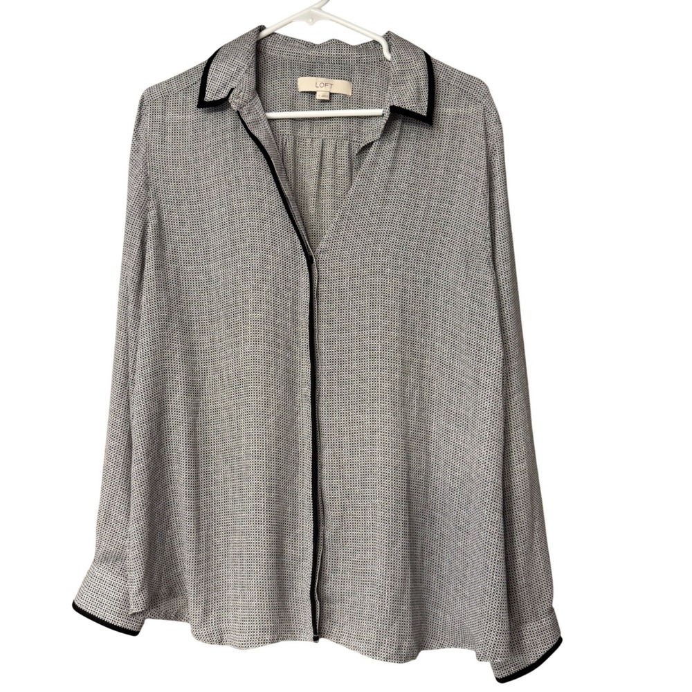 Loft Women Black White Lightweight Button Down‎ Blouse Contrast Piping Large